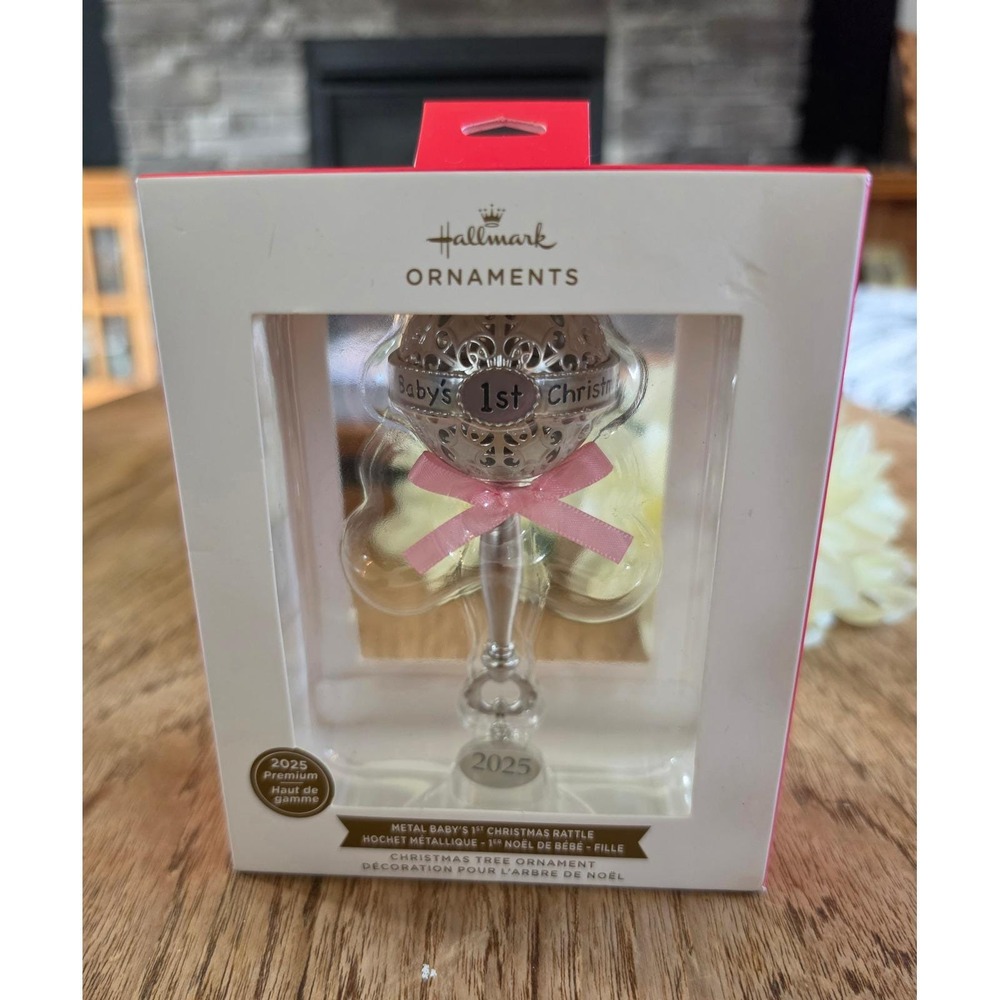 Hallmark 2025 Premium Metal Baby's 1st Christmas Rattle Ornament Pink NIB